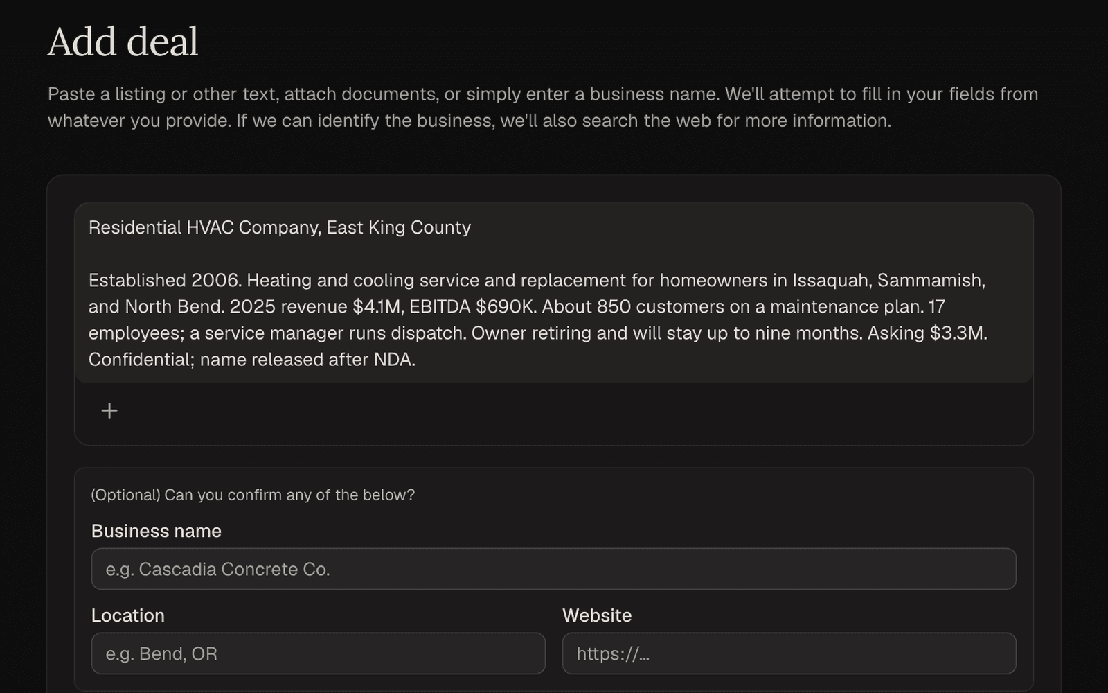 Adding a deal in SearchWise from a pasted listing