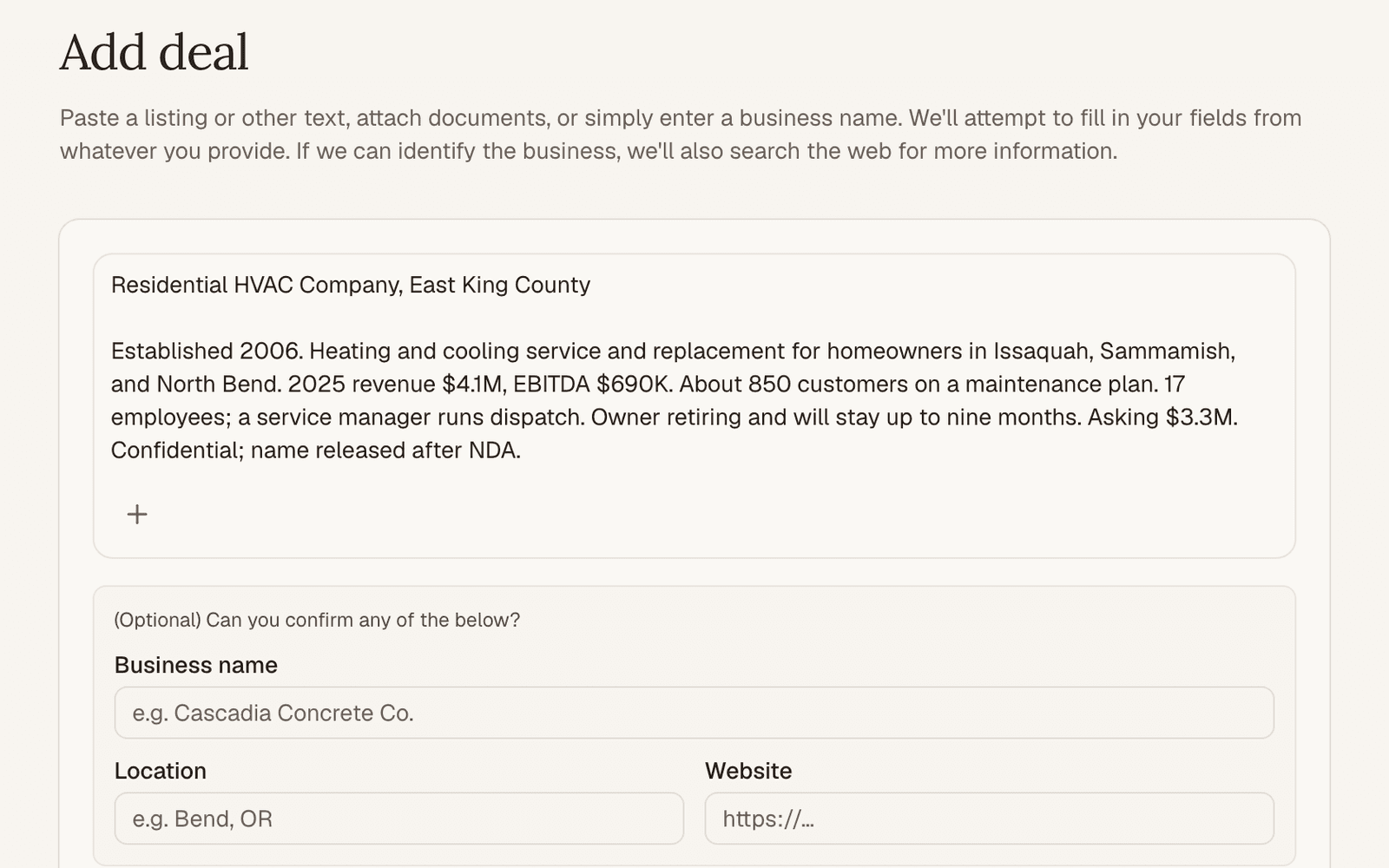 Adding a deal in SearchWise from a pasted listing