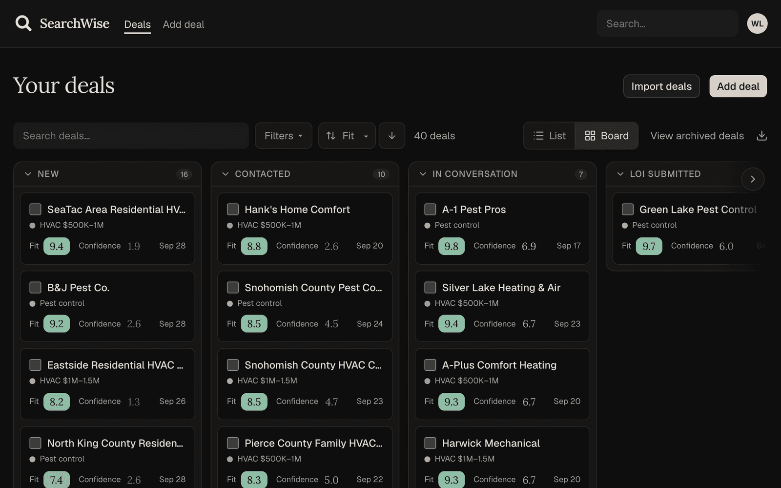 The SearchWise pipeline board, deals grouped by stage