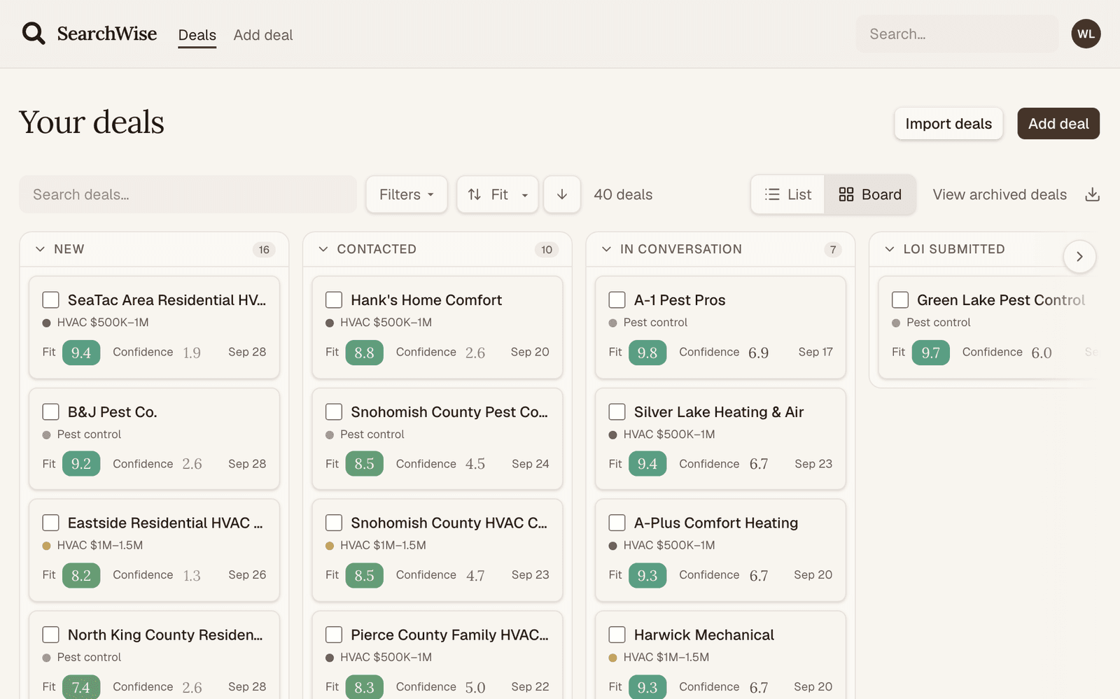 The SearchWise pipeline board, deals grouped by stage