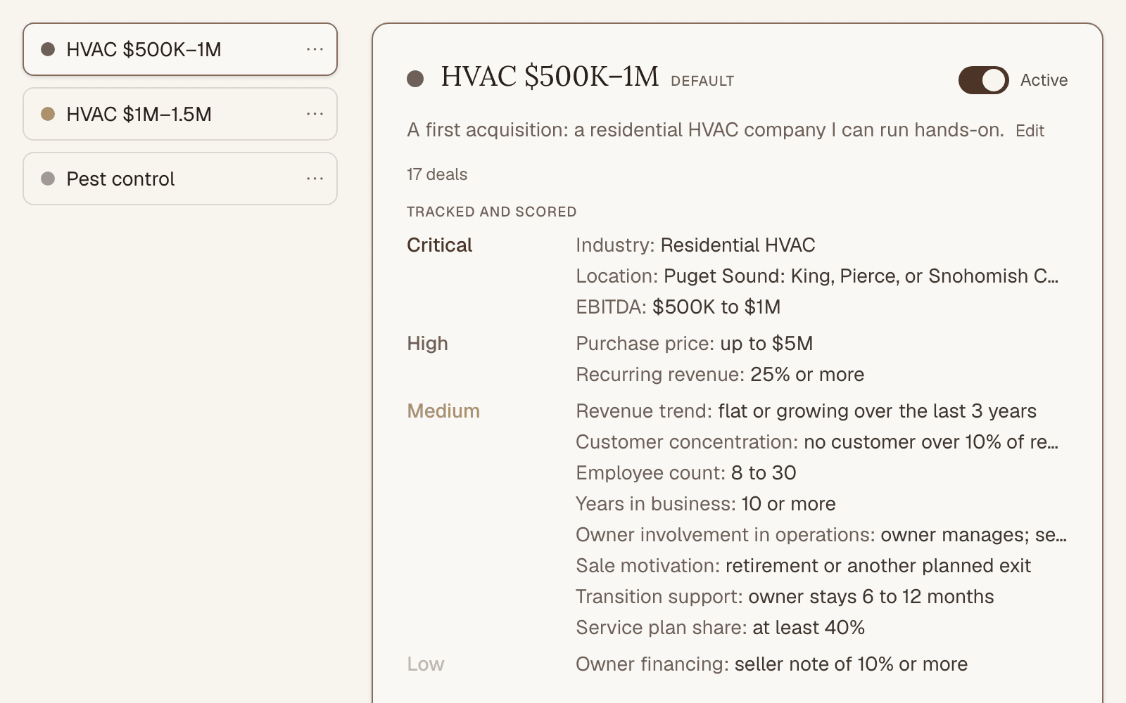 Search criteria in SearchWise: the facts each deal is scored against
