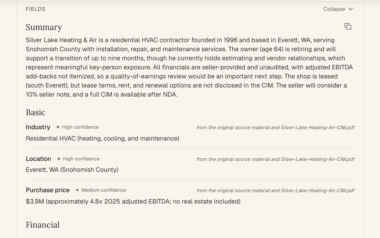 A deal's facts in SearchWise, each with its confidence level and source