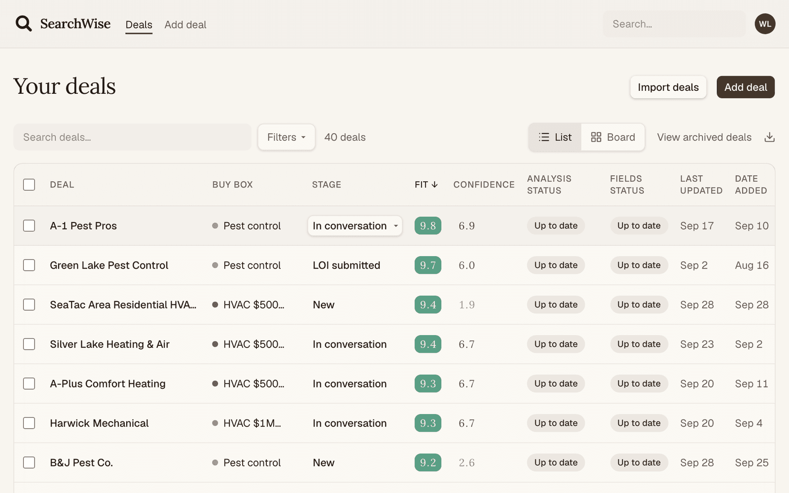 The SearchWise deals list, every deal with its fit score